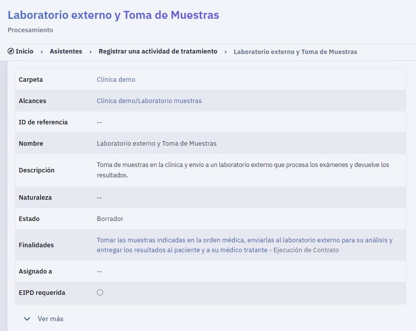 Inventario de datos personales con categorías, titulares y destinatarios