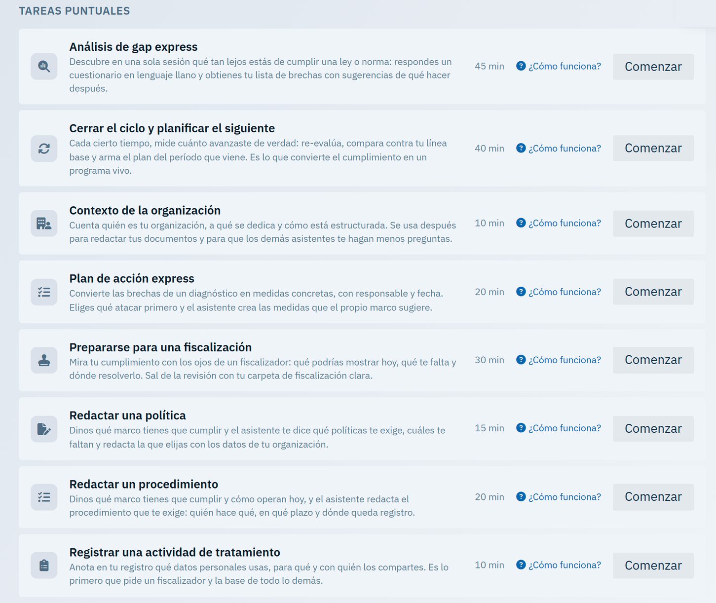 Tareas puntuales del Concierge IA: redactar una política, redactar un procedimiento, análisis de gap y preparación para una fiscalización