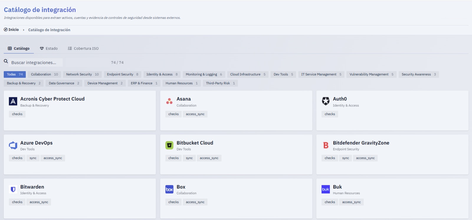 Catálogo de integraciones con sus checks automáticos