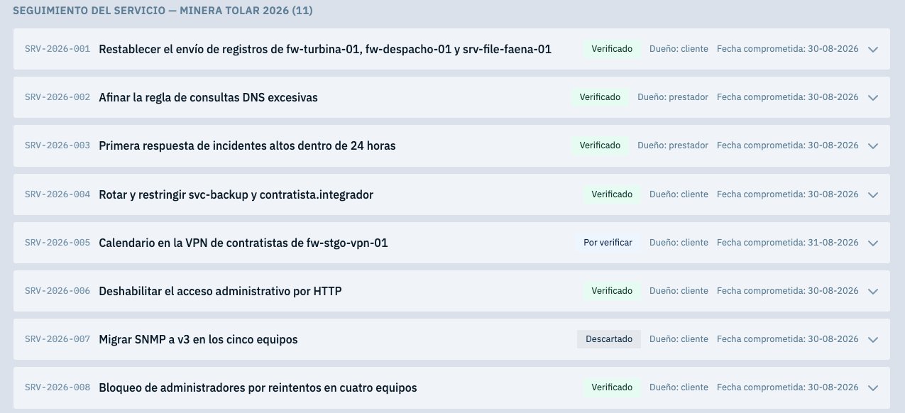 Seguimiento del servicio: cada recomendación del informe mensual con su estado (verificado, por verificar, descartado), su dueño y su fecha comprometida