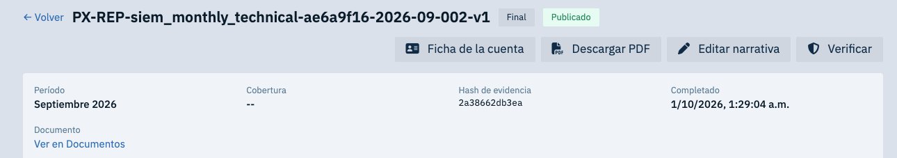 Emisión publicada del informe mensual del SIEM con su periodo, su hash de evidencia y los botones Descargar PDF y Verificar