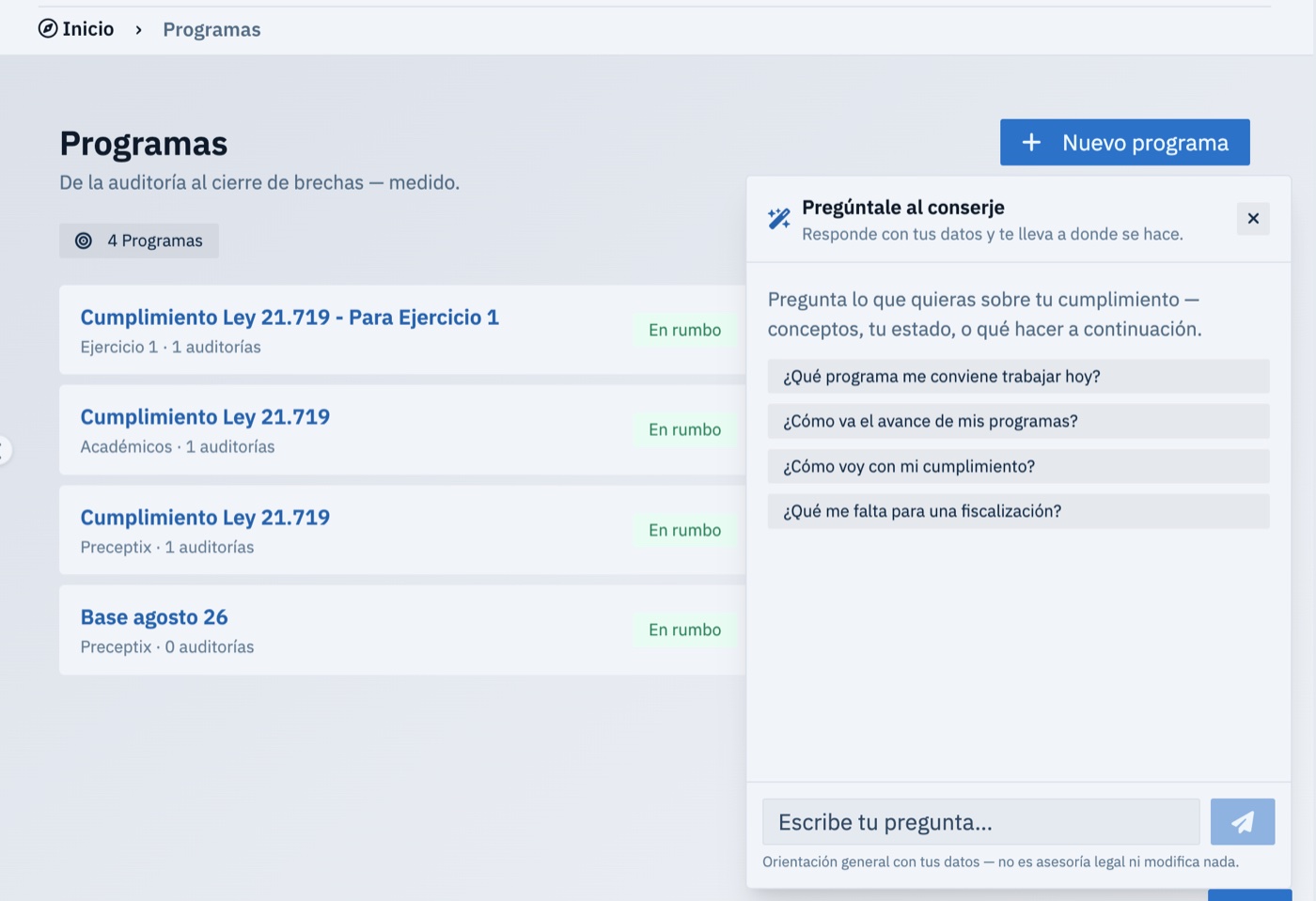 Programas de cumplimiento en la plataforma Preceptix